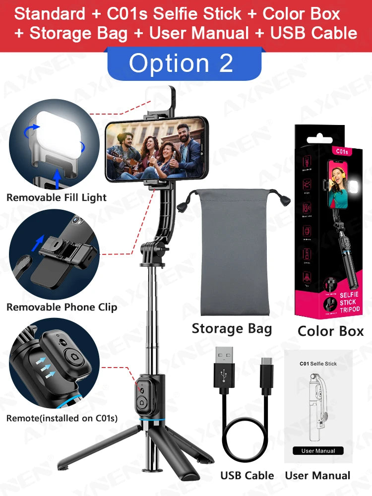 Trépied C01s Selfie Stick avec lumière de remplissage, monopode détachable de support de téléphone, télécommande Bluetooth sans fil pour Huawei iPhone Android
