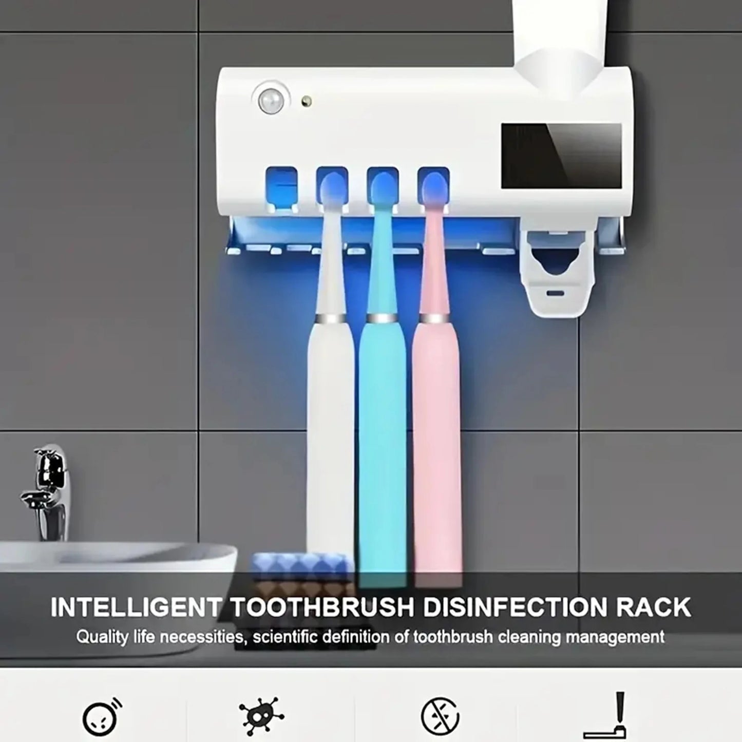 porte-brosse à dents désinfectant, un distributeur de dentifrice mural et un ensemble d'accessoires de salle de bain