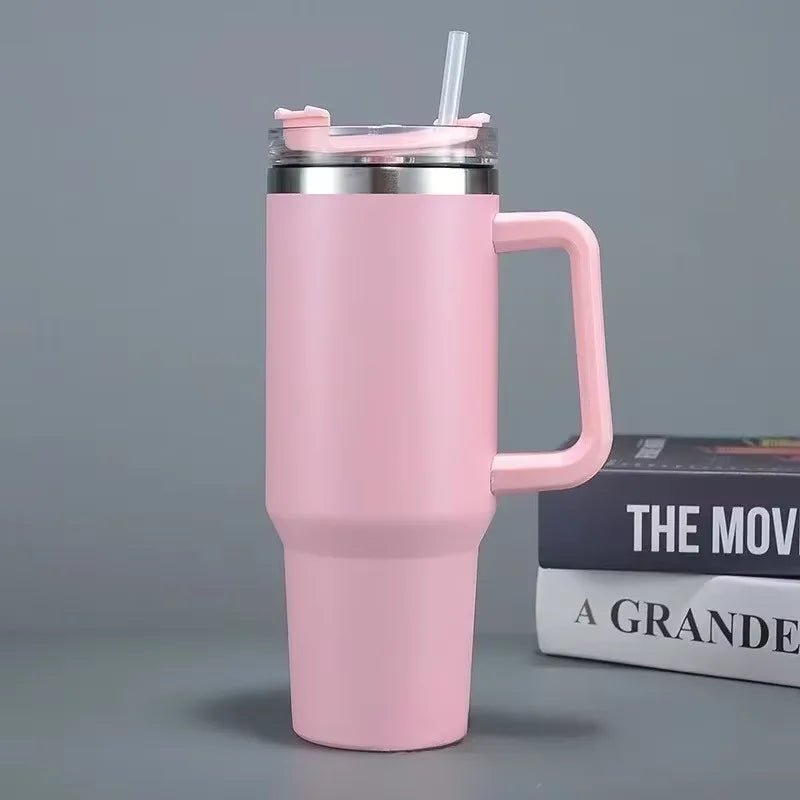 Bouteille d’eau isolée en acier inoxydable 304 de 40 oz, tasse de voiture à café thermique,flacon d'aspirateur froid et chaud avec paille et poignée, pour le sport