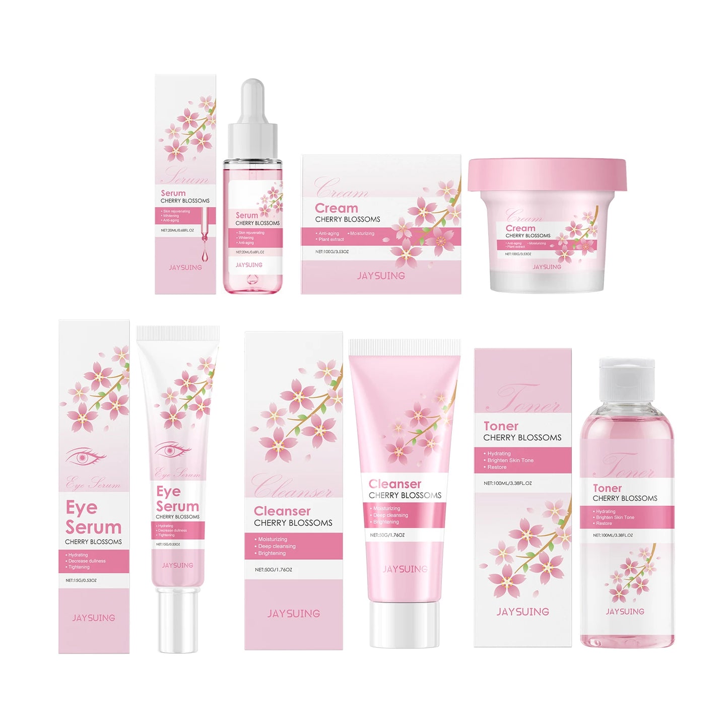 Sakura Skincare Set Crème hydratante pour le visage Sérum Toner Nettoyant pour le visage Crème pour les yeux Kit de soins du visage éclaircissant anti-rides pour femmes