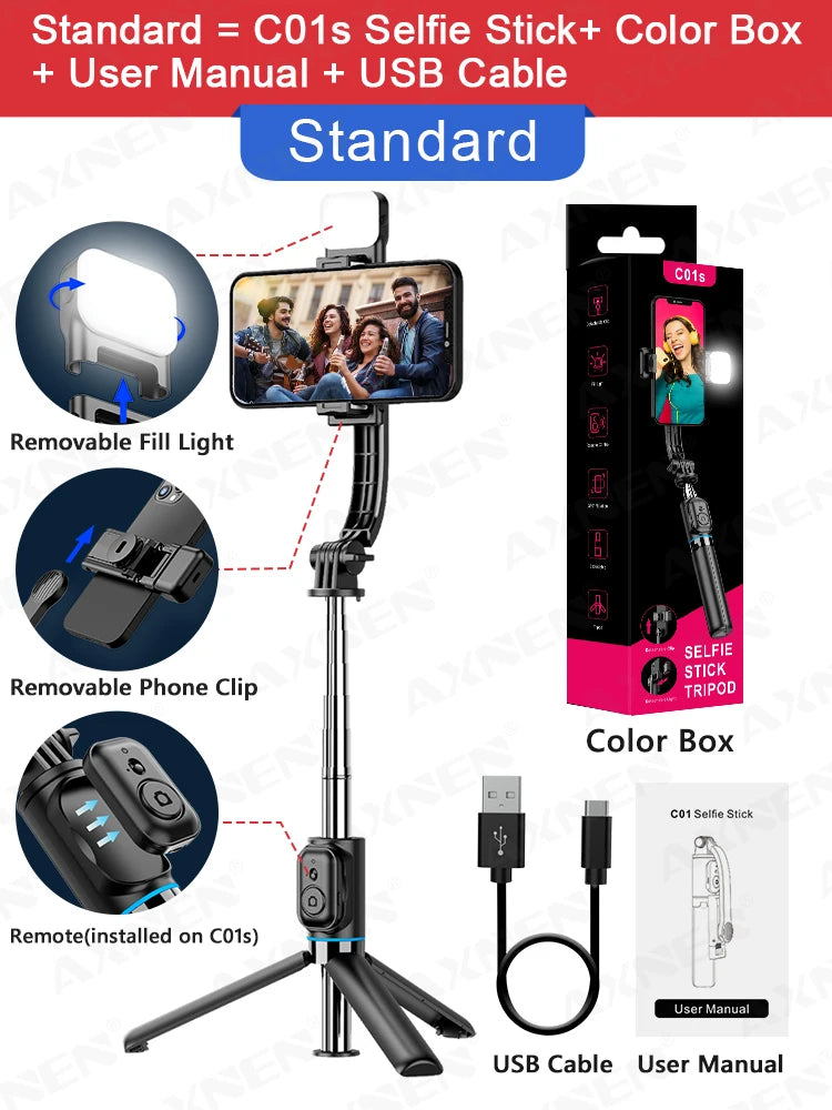 Trépied C01s Selfie Stick avec lumière de remplissage, monopode détachable de support de téléphone, télécommande Bluetooth sans fil pour Huawei iPhone Android