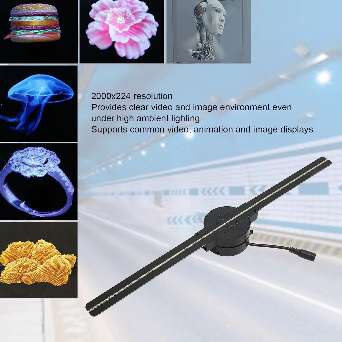 Ventilateur d'hologramme 3D 16.5in 2000x224 Projecteur 3D WiFi avec 224 perles lumineuses LED pour la publicité.