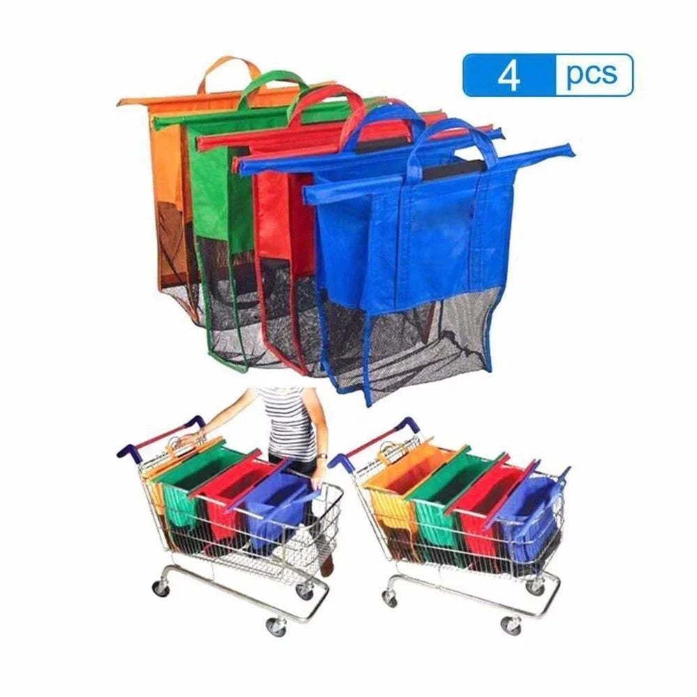 Ensemble de 4 chariots pliables avec sacs réutilisables en couleur pour un rangement pratique et écologique.