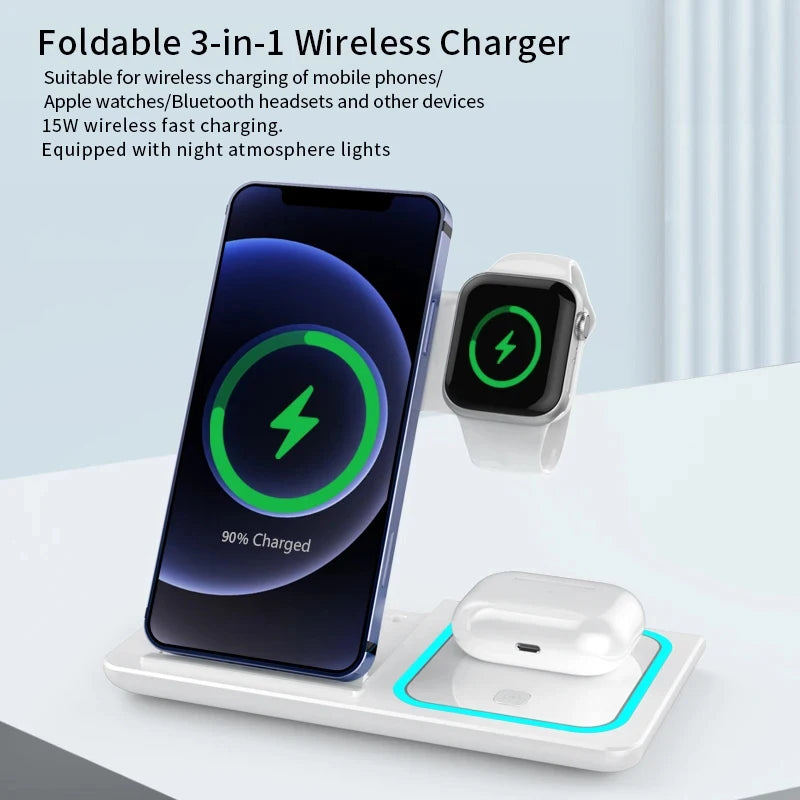 Chargeur sans fil 3 en 1 LED Light Support de téléphone pour iPhone 15 14 13 12 iWatch 8 7 6 AirPods Station de charge rapide pliable