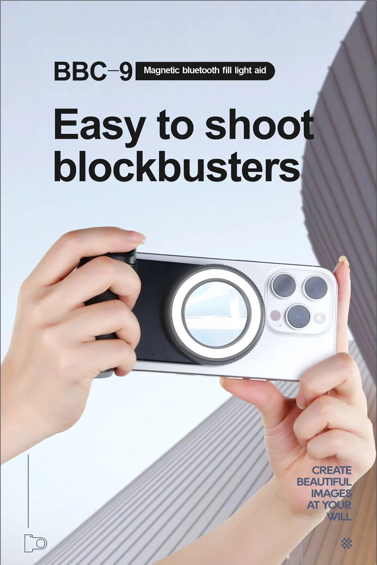 Poignée de support de téléphone magnétique avec supports de téléphone à distance Bluetooth détachables de 30 M avec support photo de poignée Selfie de lumière de remplissage