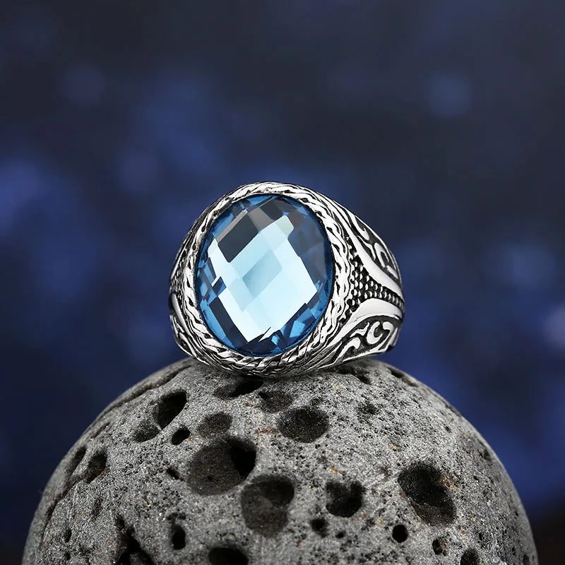 Bague Vintage en Acier Inoxydable 316L – Zircon Bleu Poli, Tendance 2025
