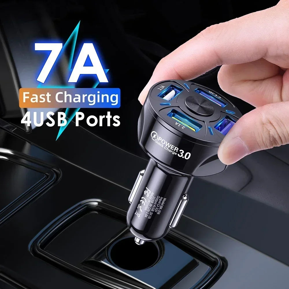 Chargeur de voiture rétractable 4 en 1 Chargeur de voiture à charge rapide avec câble USB de type C et 2 ports de charge de type C, chargeur de voiture universel