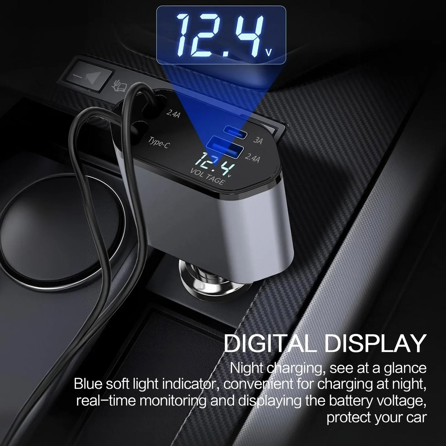 Chargeur de voiture rétractable 4 en 1 Chargeur de voiture à charge rapide avec câble USB de type C et 2 ports de charge de type C, chargeur de voiture universel