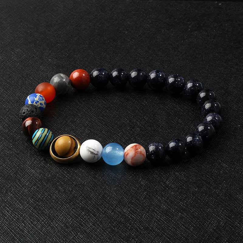🌌 Bracelet Galaxie – 8 Planètes du Système Solaire & Étoile Gardienne