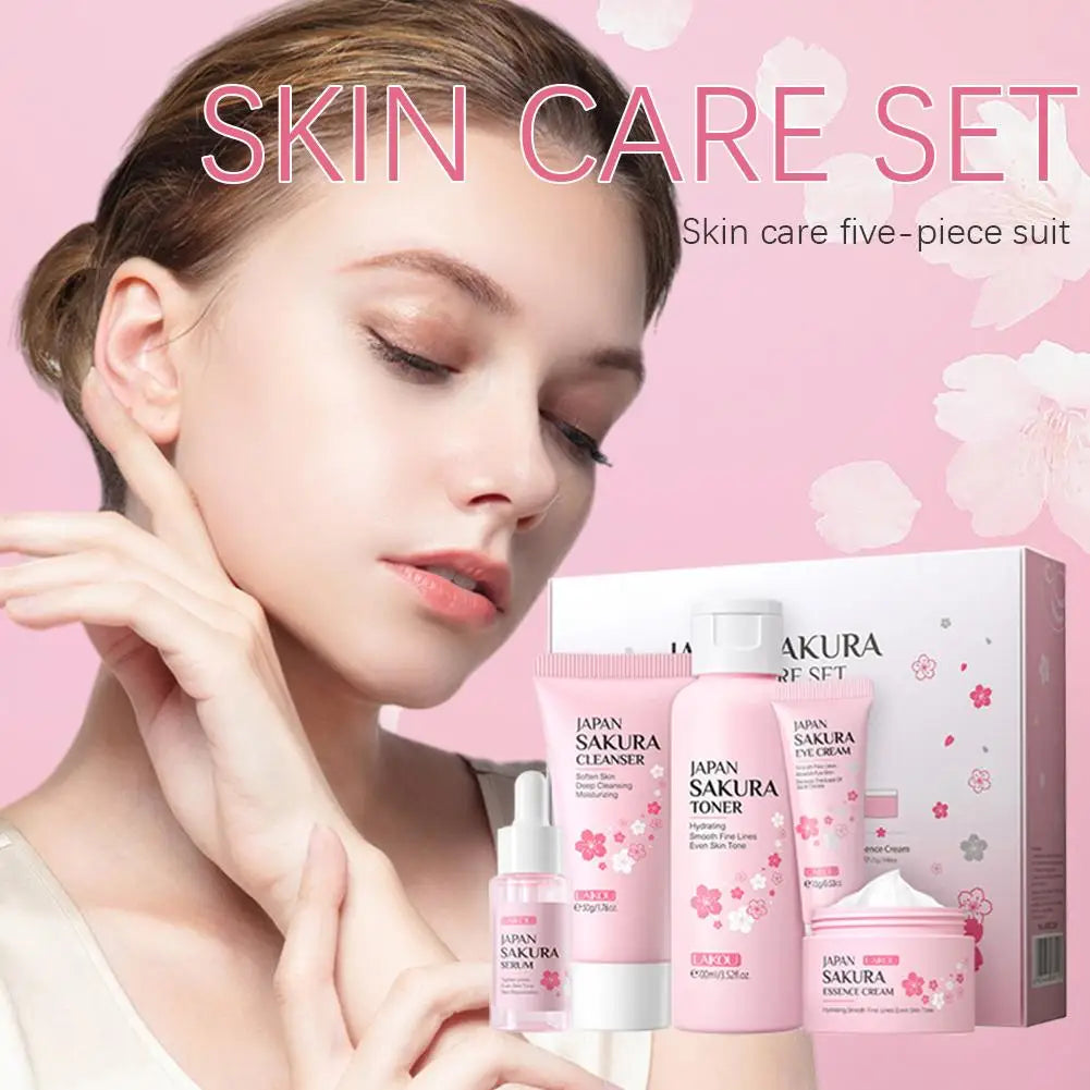 Sakura Lot de 5/3 soins pour le visage, sérum, tonique, nettoyant pour le visage, crème solaire, pour les yeux, coffret cadeau