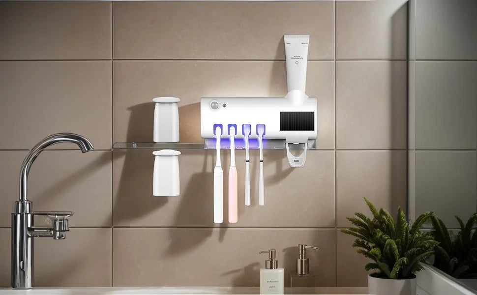 Wall mounted toothpaste dispenser with 4 toothbrush slots, toothbrush cleaning rack, bathroom accessories, no drilling required