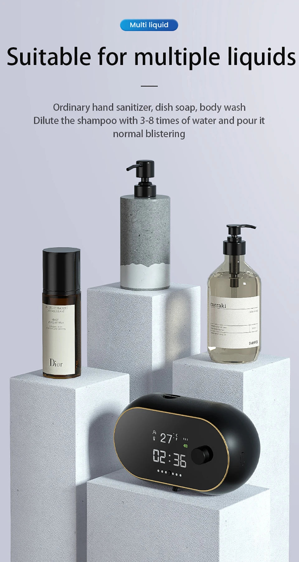 Distributeur automatique de savon en mousse sans contact Affichage de la température de l’heure Charge USB Distributeur de savon liquide à induction automatique étanche