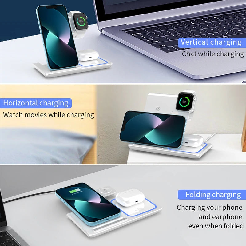 Chargeur sans fil 3 en 1 LED Light Support de téléphone pour iPhone 15 14 13 12 iWatch 8 7 6 AirPods Station de charge rapide pliable