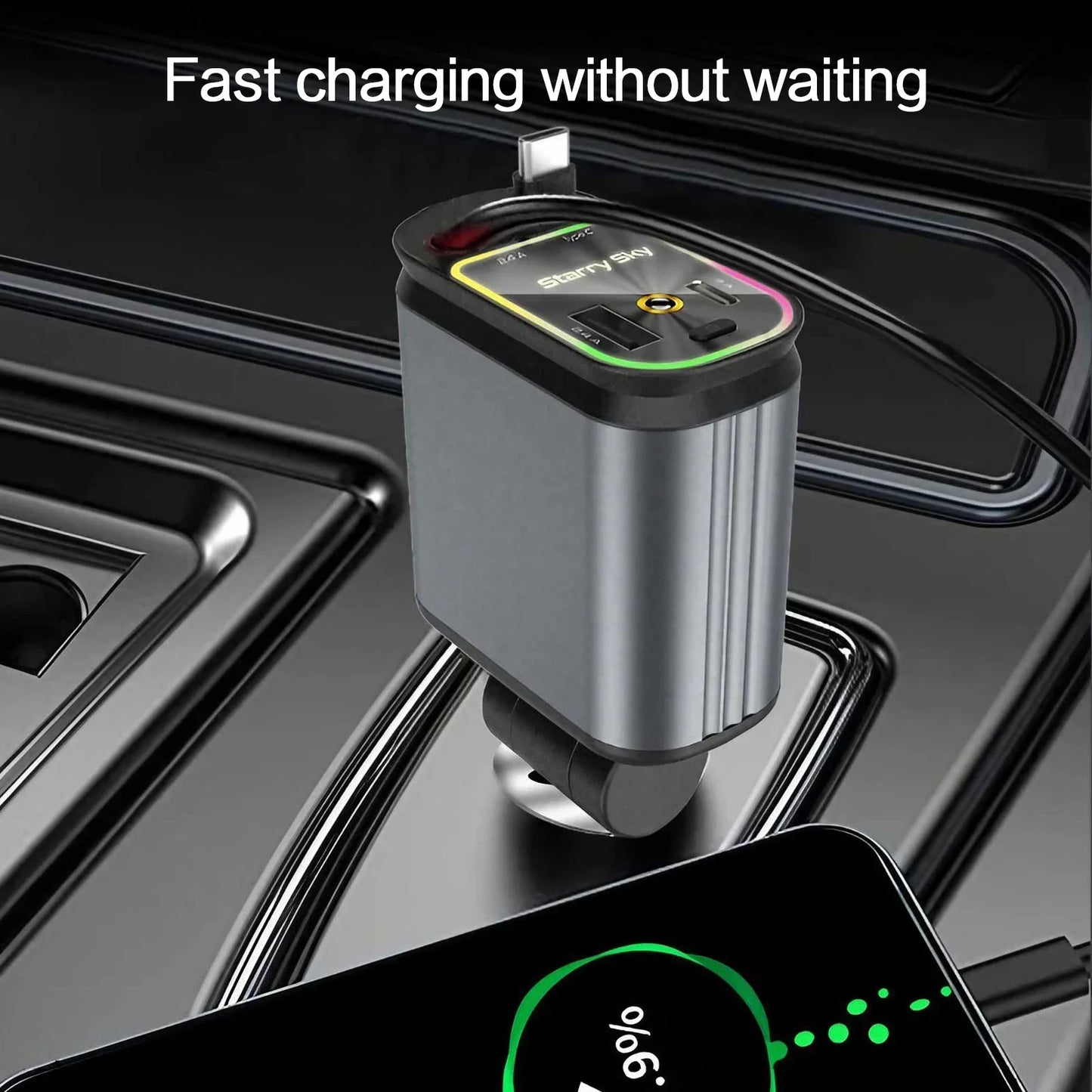 Chargeur de voiture rétractable 4 en 1 Chargeur de voiture à charge rapide avec câble USB de type C et 2 ports de charge de type C, chargeur de voiture universel