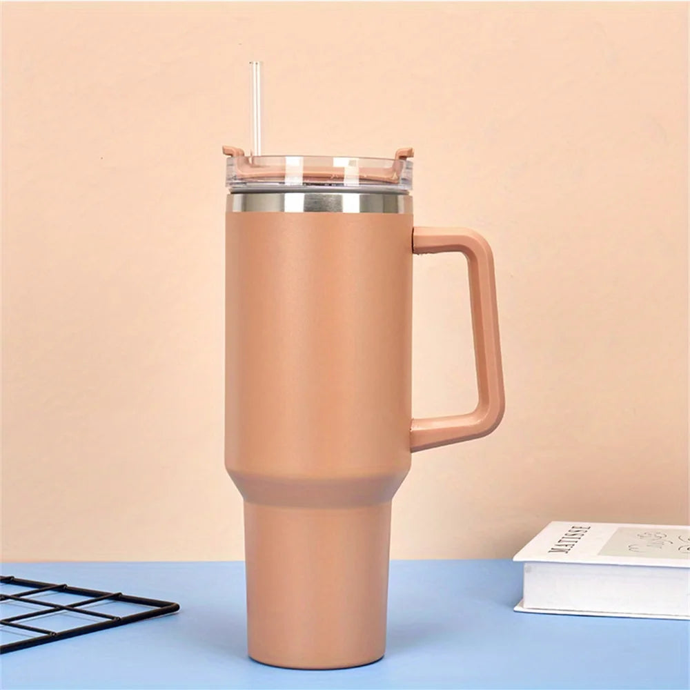 Bouteille d’eau isolée en acier inoxydable 304 de 40 oz, tasse de voiture à café thermique,flacon d'aspirateur froid et chaud avec paille et poignée, pour le sport
