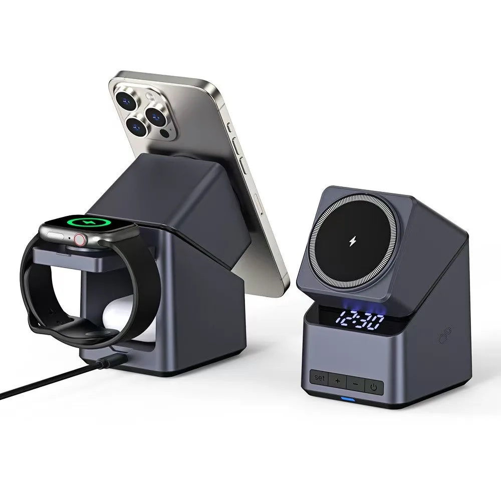 Chargeur Sans Fil Magnétique 4 En 1 One-Touch Rotation À 360° Et Affichage De L’Horloge Numérique, Station De Charge Rapide Pour iPhone iWatch AirPods
