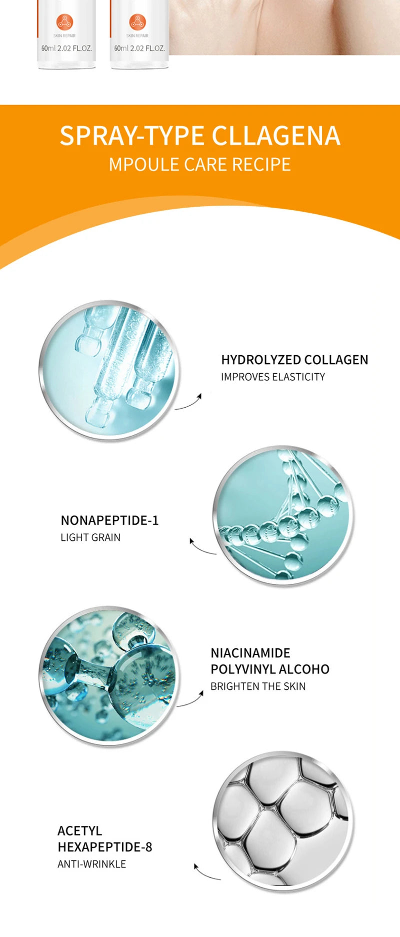 Masque de film protéiné de collagène nano hydrolysé Ensemble de pulvérisation de sérum pour le visage Réparation des rides Remplisseur de visage soluble Ensemble de soins de la peau éclaircissant