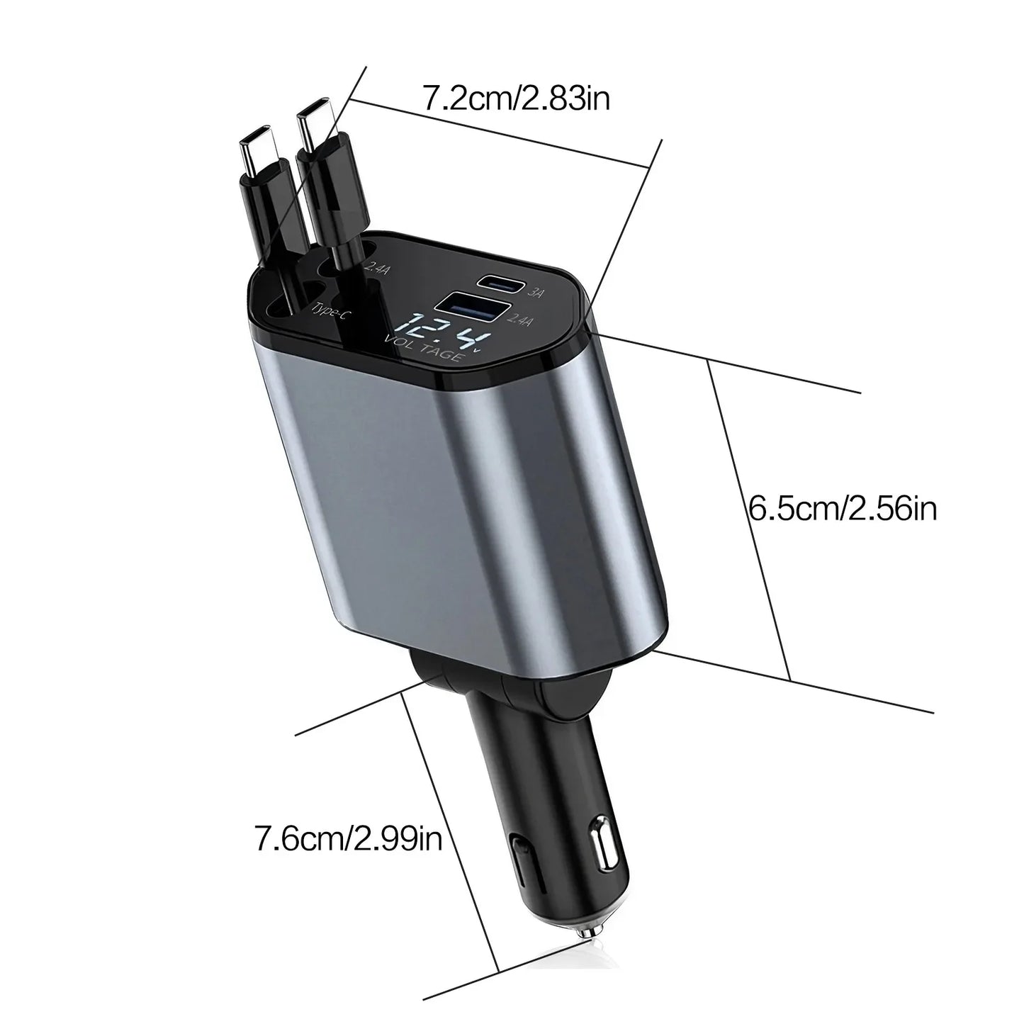 Chargeur de voiture rétractable 4 en 1 Chargeur de voiture à charge rapide avec câble USB de type C et 2 ports de charge de type C, chargeur de voiture universel