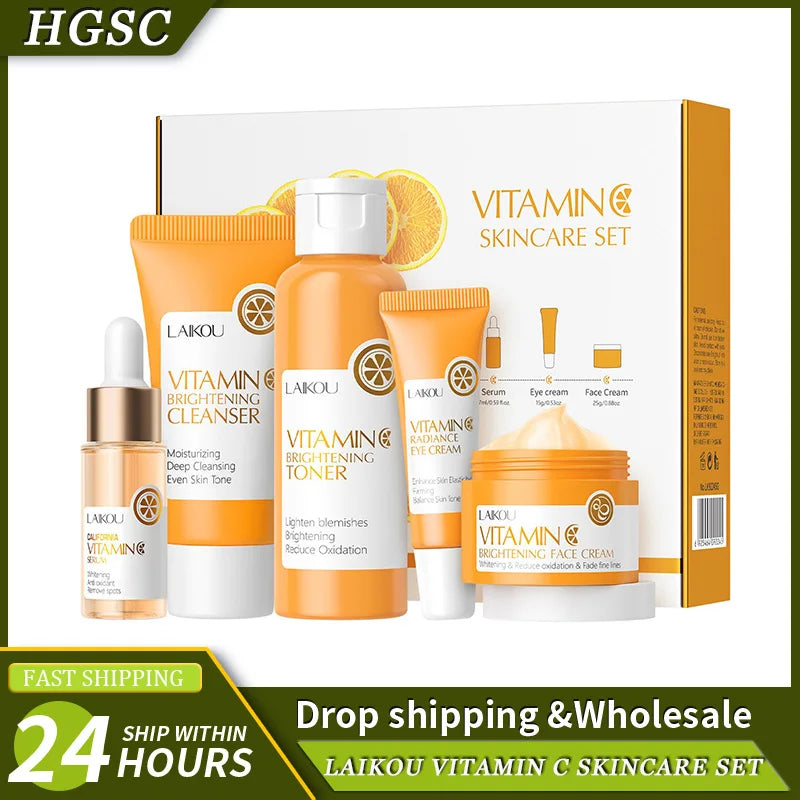 LAIKOU Ensemble de produits de soins de la peau de la série Vitamin C Ensemble de soins de la peau hydratante de 5 pièces Nettoyant Toner Essence Crème pour les yeux et crème pour le visage