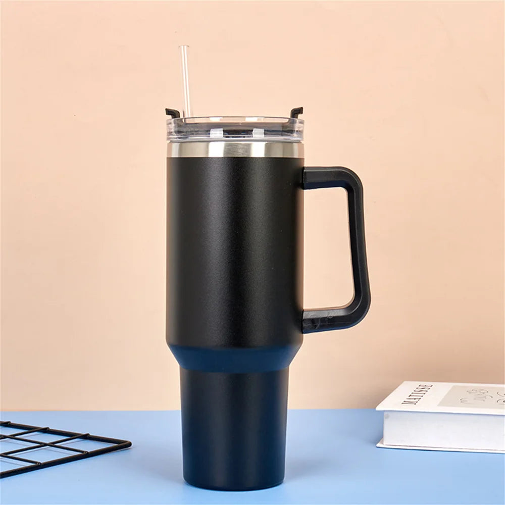 Bouteille d’eau isolée en acier inoxydable 304 de 40 oz, tasse de voiture à café thermique,flacon d'aspirateur froid et chaud avec paille et poignée, pour le sport