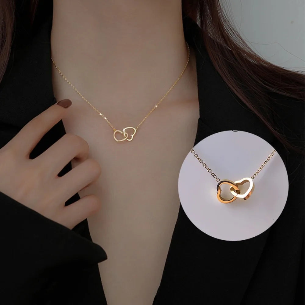 Fashion Alloy Love Drop Necklace Double Heart Light Weight Clavicle Choker Jewelry Simple Style Pendant Necklace