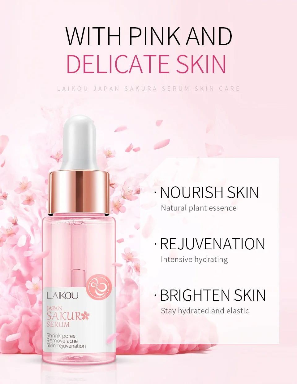 LAIKOU Sakura Face Essence Sérum anti-rides Rétrécir les pores Anti-âge Hydratant Soins de la peau sèche 17ml