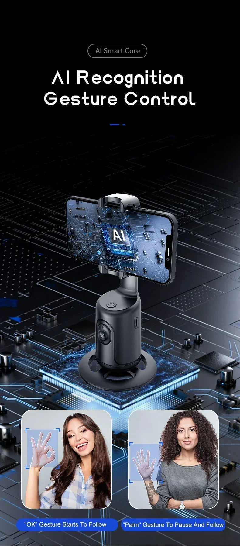 Rotation à 360 Suivi automatique du visage, trépied Smart Selfie Stick Suivi rapide, visage et des objets Cameraman Robot Mount