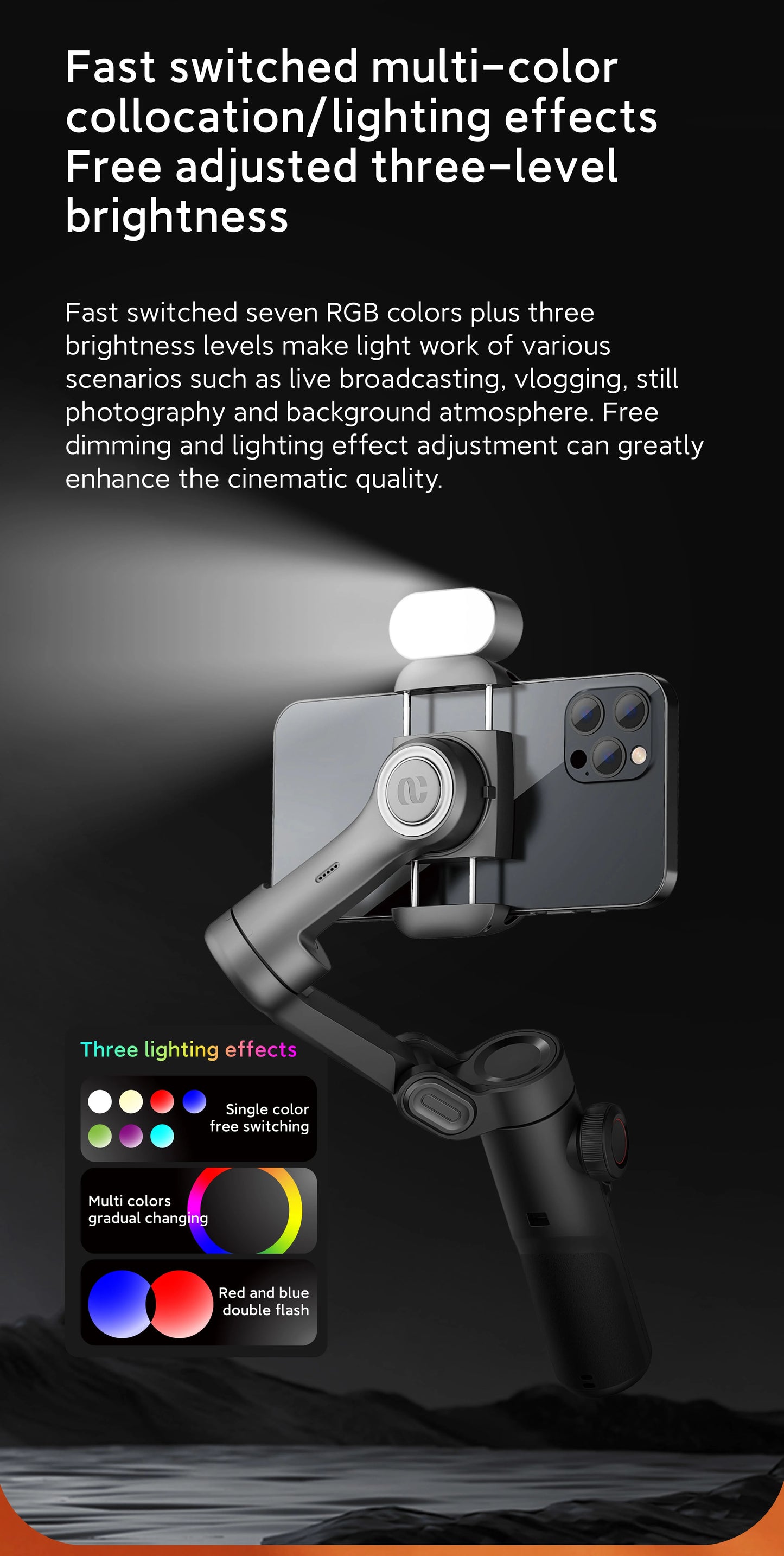 RGB Magnetic Fill Light. Cette lumière LED pour gimbal offre 3 niveaux de luminosité et 7 options de couleurs