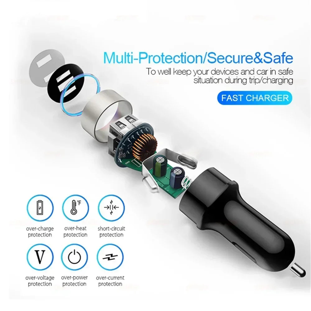 Chargeur de voiture rétractable 4 en 1 Chargeur de voiture à charge rapide avec câble USB de type C et 2 ports de charge de type C, chargeur de voiture universel