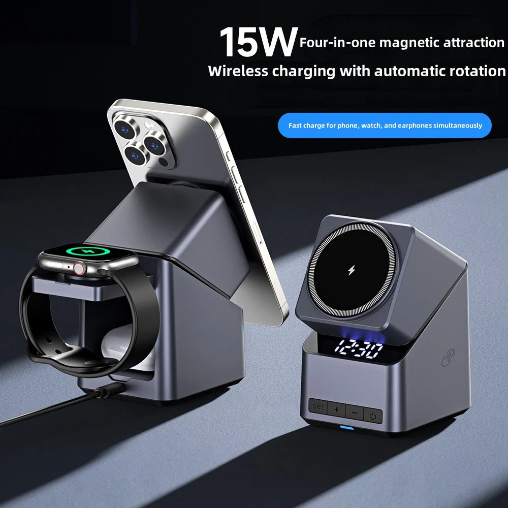 Chargeur Sans Fil Magnétique 4 En 1 One-Touch Rotation À 360° Et Affichage De L’Horloge Numérique, Station De Charge Rapide Pour iPhone iWatch AirPods