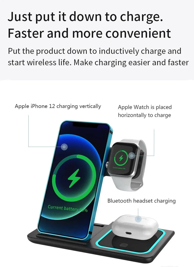 Chargeur sans fil 3 en 1 LED Light Support de téléphone pour iPhone 15 14 13 12 iWatch 8 7 6 AirPods Station de charge rapide pliable