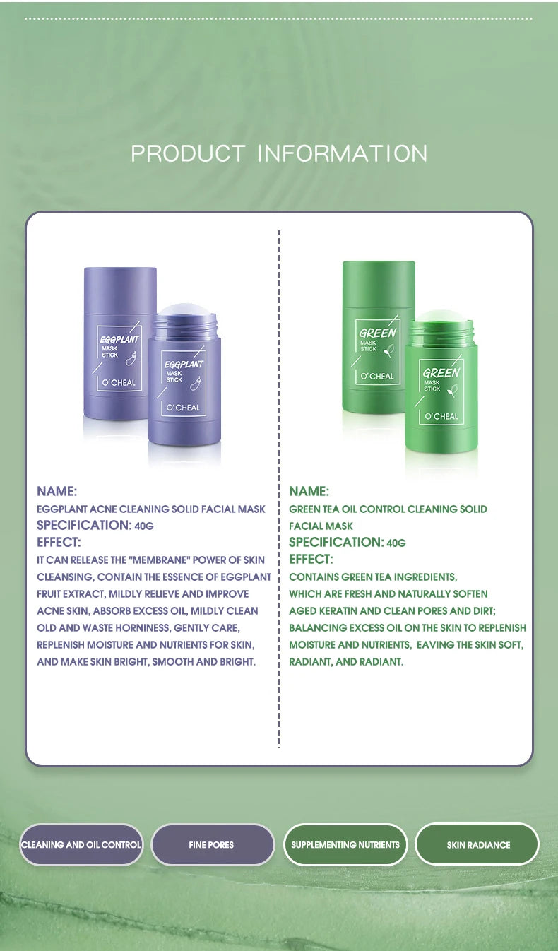 Masque facial solide Stick Thé vert Miel Pêche Nettoyage des pores Hydratant Long charbon de bois Aubergine Film de boue