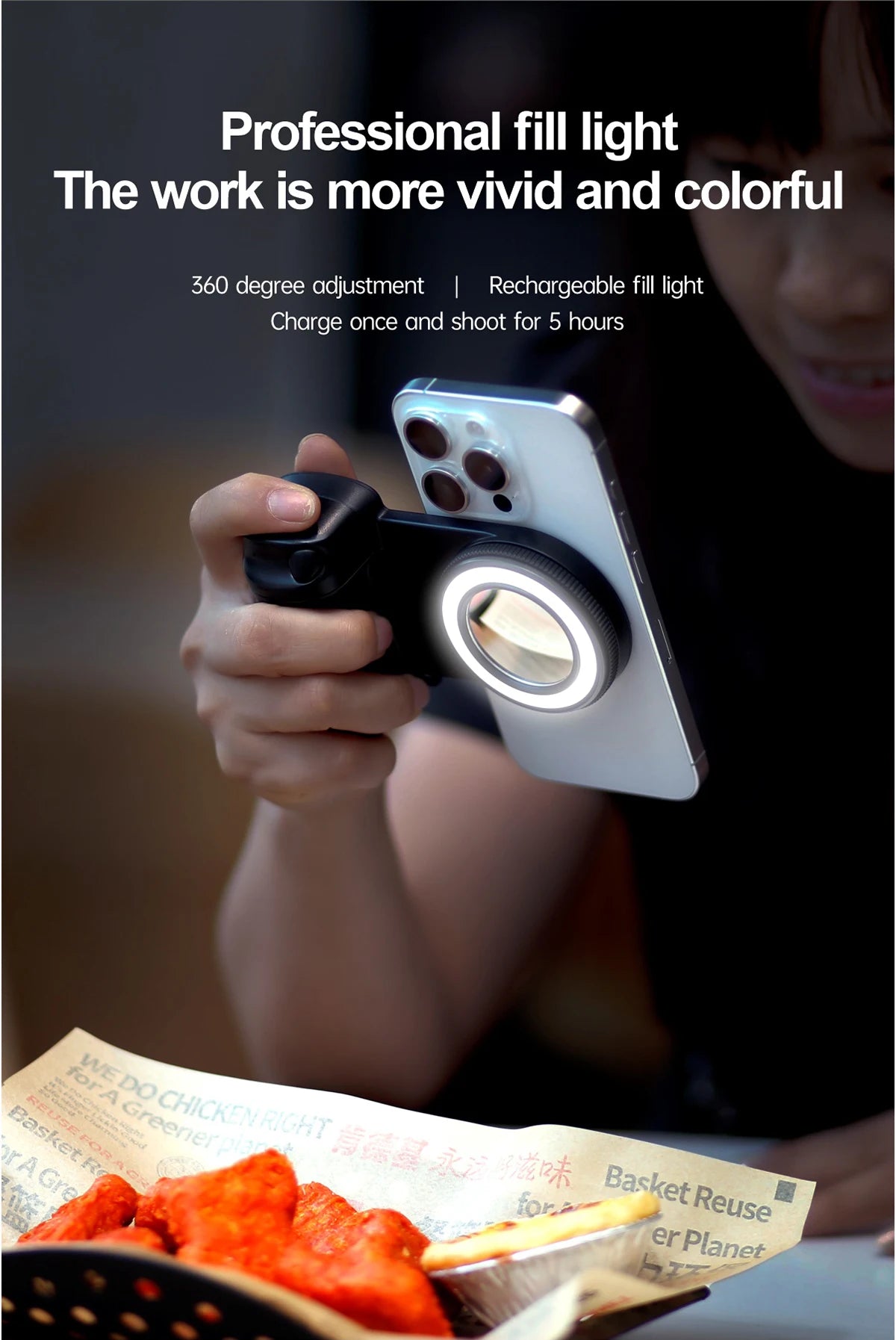 Poignée de support de téléphone magnétique avec supports de téléphone à distance Bluetooth détachables de 30 M avec support photo de poignée Selfie de lumière de remplissage