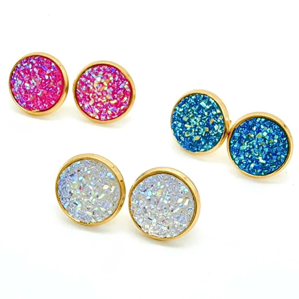 Gold Plated Artificial Druze Earrings for Women Teens,Stainless Steel Drusy Stone Stud Earring,Kpop Y2K Jewelry,Party Gifts