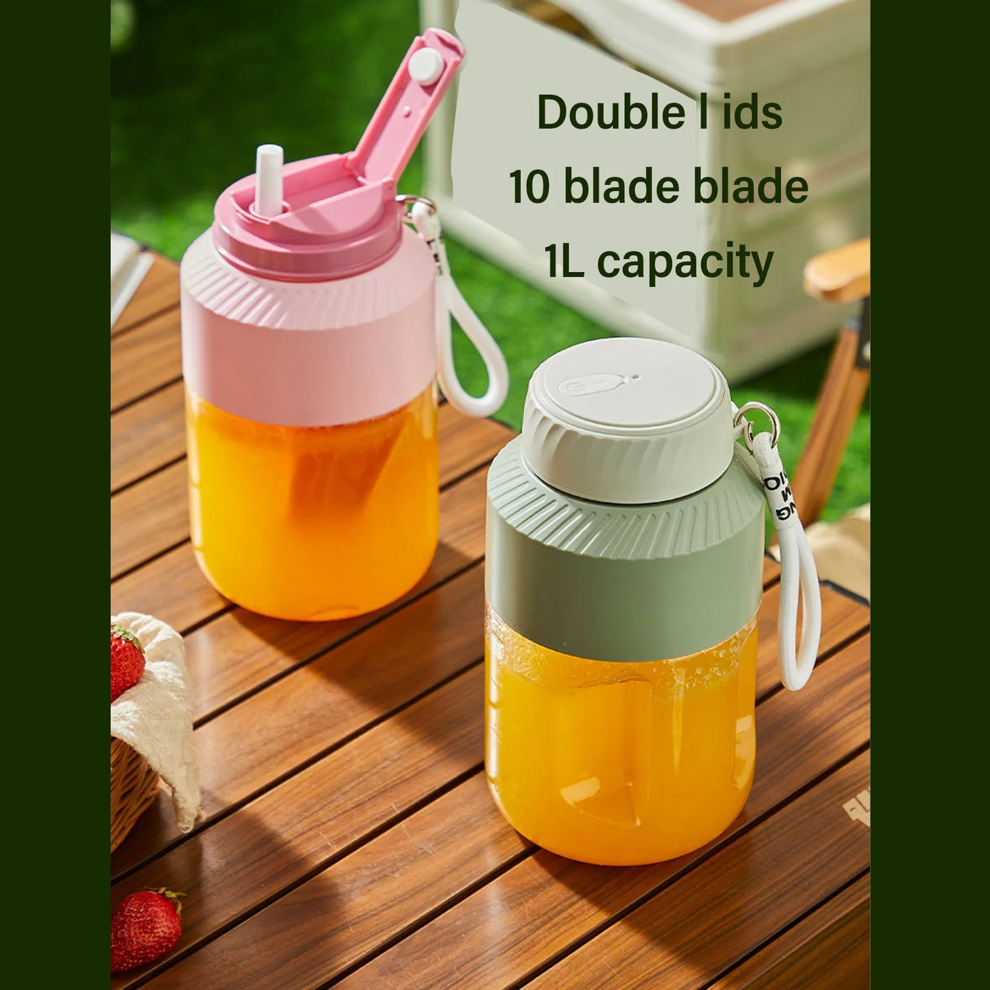 Mélangeur portable 1L Double couvercle Utilisation efficace Poignée pratique Mélangeur sans fil rechargeable pour la gym et voyage en plein air