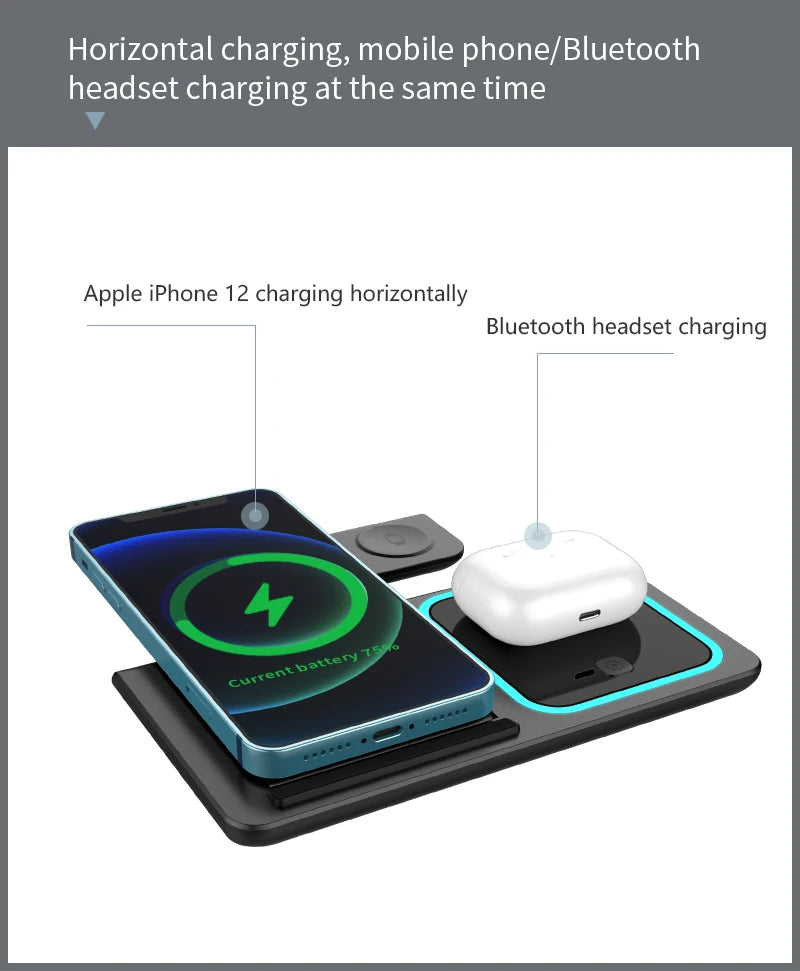 Chargeur sans fil 3 en 1 LED Light Support de téléphone pour iPhone 15 14 13 12 iWatch 8 7 6 AirPods Station de charge rapide pliable
