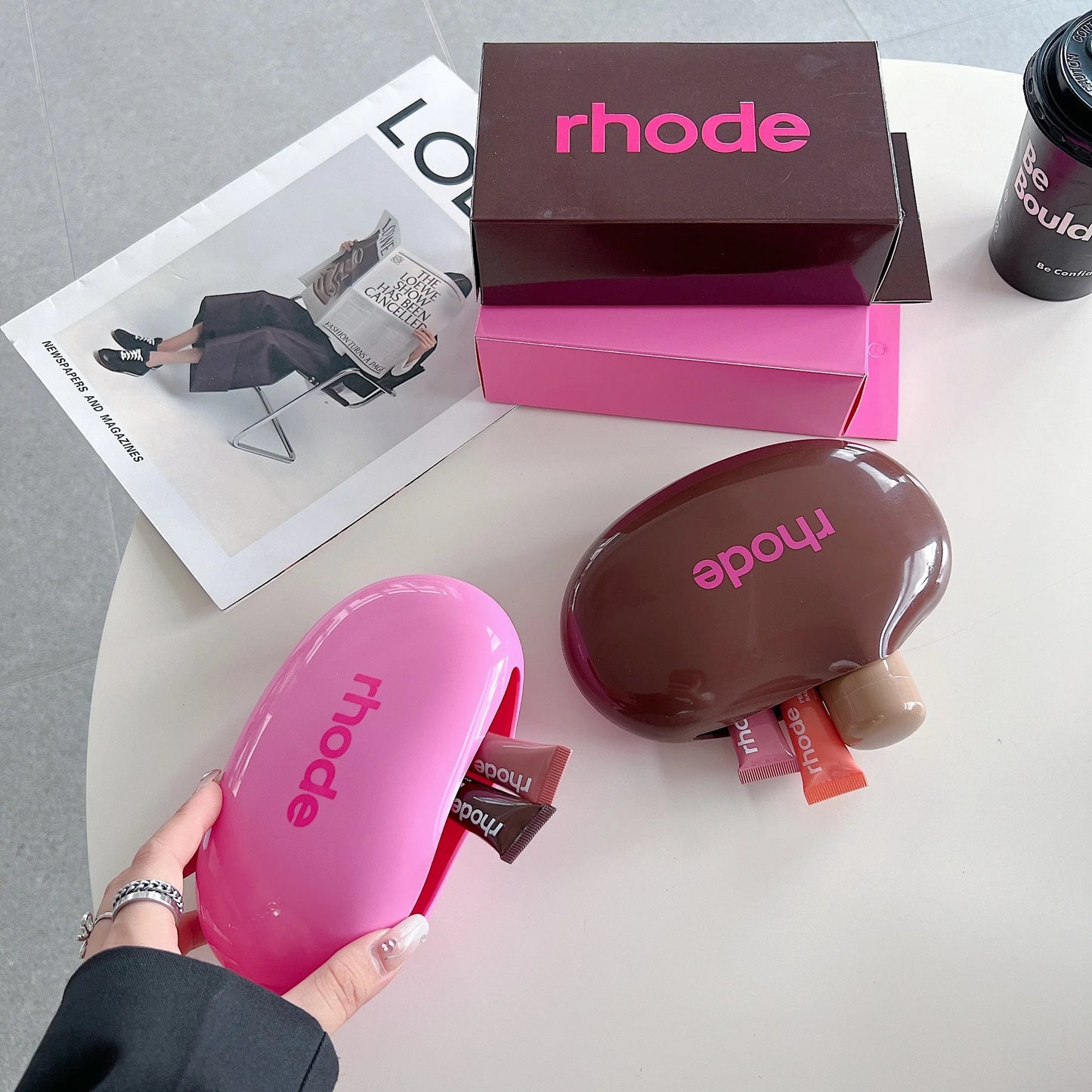 Sac de portable en silicone avec miroir, rouge à lèvres, blush, hydratant, brillant à lèvres