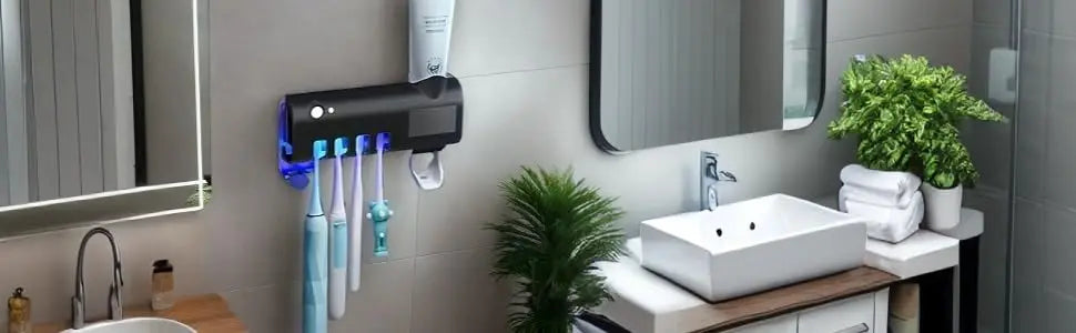 Wall mounted toothpaste dispenser with 4 toothbrush slots, toothbrush cleaning rack, bathroom accessories, no drilling required