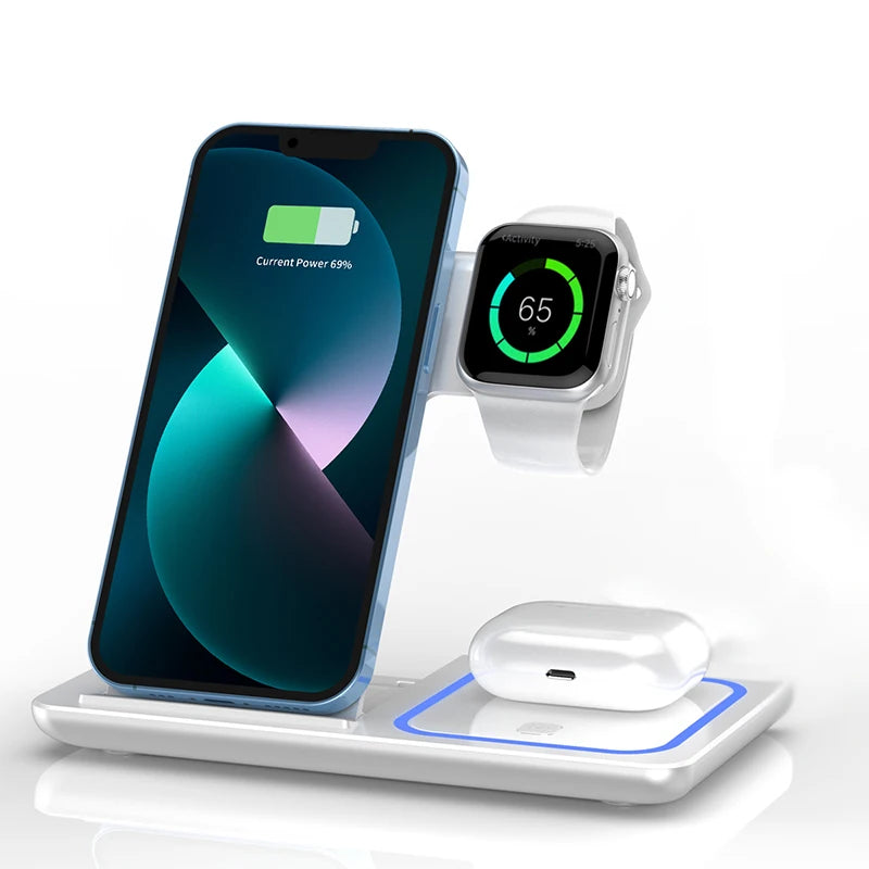 Chargeur sans fil 3 en 1 LED Light Support de téléphone pour iPhone 15 14 13 12 iWatch 8 7 6 AirPods Station de charge rapide pliable