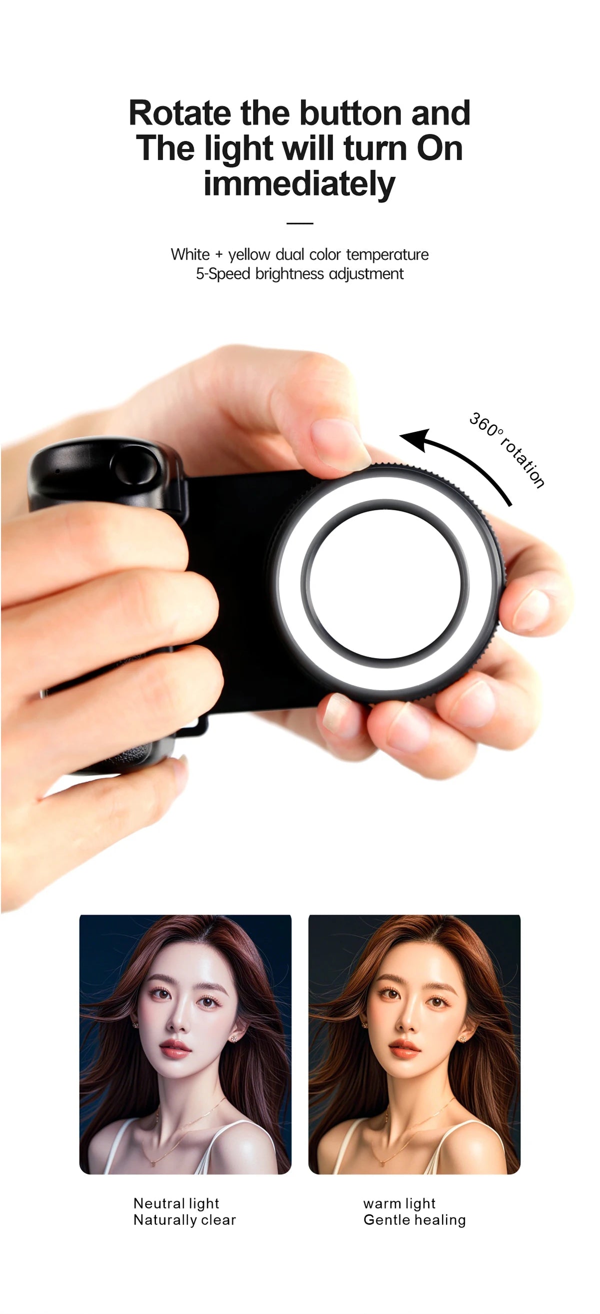 Poignée de support de téléphone magnétique avec supports de téléphone à distance Bluetooth détachables de 30 M avec support photo de poignée Selfie de lumière de remplissage