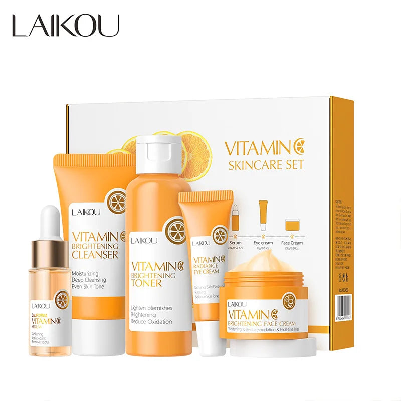 LAIKOU Ensemble de produits de soins de la peau de la série Vitamin C Ensemble de soins de la peau hydratante de 5 pièces Nettoyant Toner Essence Crème pour les yeux et crème pour le visage
