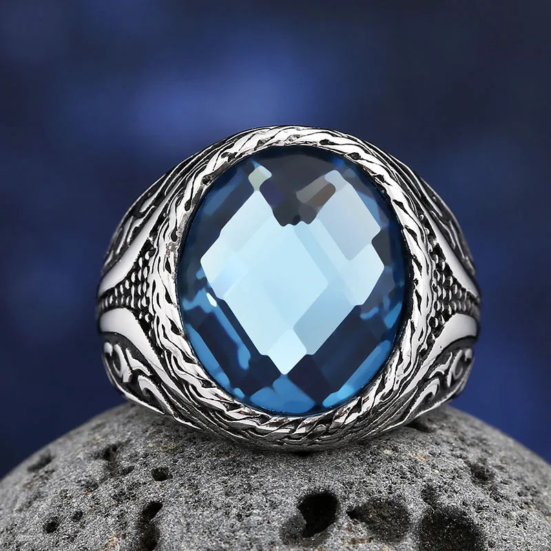 Bague Vintage en Acier Inoxydable 316L – Zircon Bleu Poli, Tendance 2025