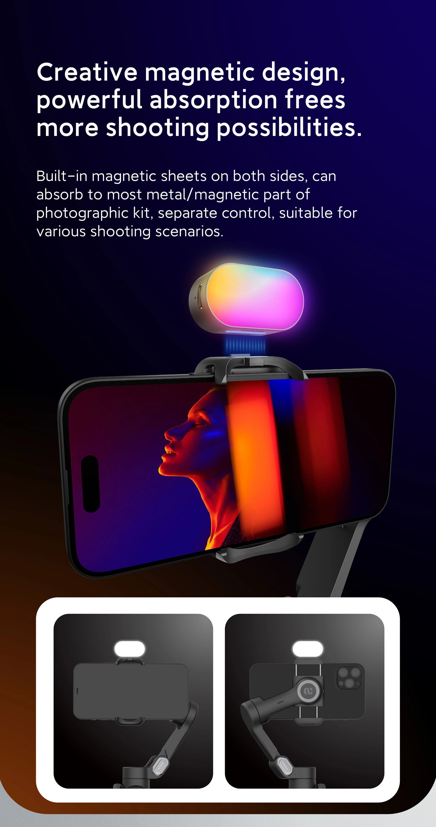 RGB Magnetic Fill Light. Cette lumière LED pour gimbal offre 3 niveaux de luminosité et 7 options de couleurs