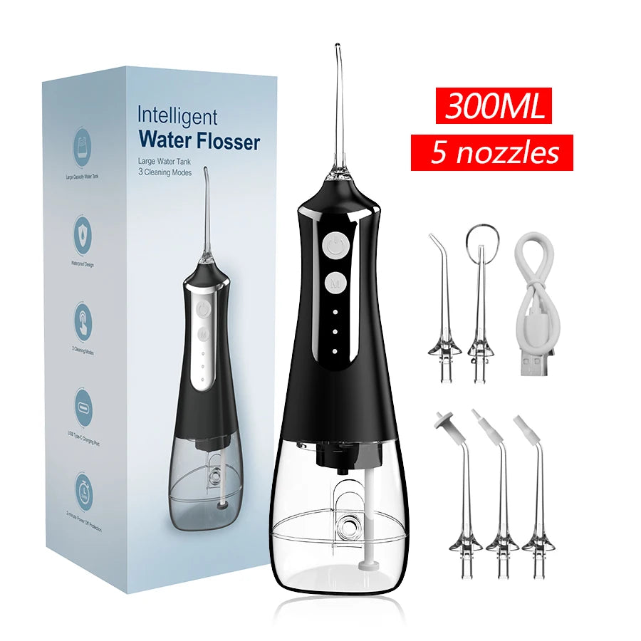 Dental Oral Irrigator Water Wire Teeth Wire Pick Mouth Washing Machine 5 Nozzles 3 USB Modes Rechargeable 300ml Tank