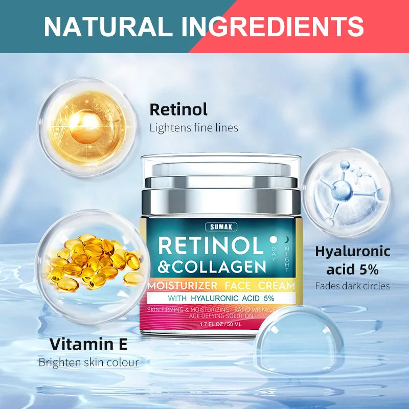 Rétinol Crème pour le visage anti-âge Hydratant Dérivant Collagène Crèmes à l’acide hyaluronique Soins de la peau 50ML