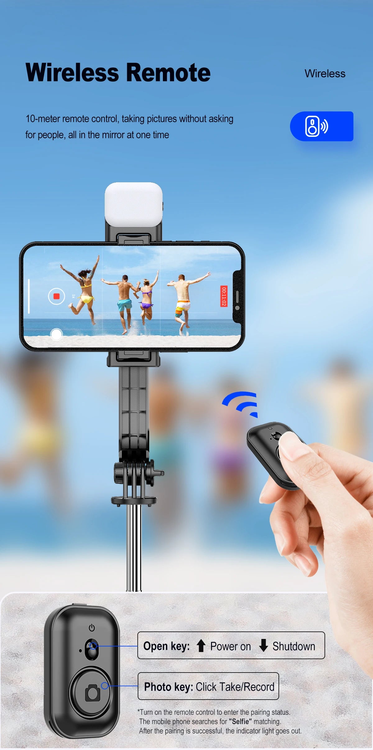 Trépied C01s Selfie Stick avec lumière de remplissage, monopode détachable de support de téléphone, télécommande Bluetooth sans fil pour Huawei iPhone Android
