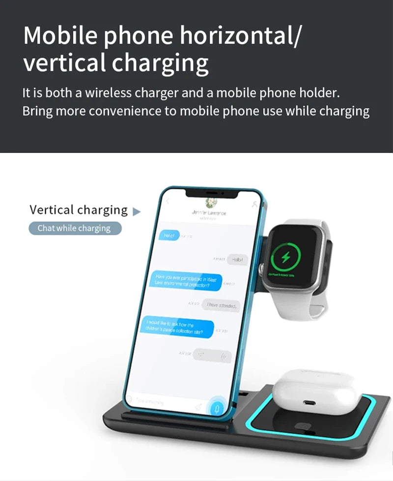 Chargeur sans fil 3 en 1 LED Light Support de téléphone pour iPhone 15 14 13 12 iWatch 8 7 6 AirPods Station de charge rapide pliable