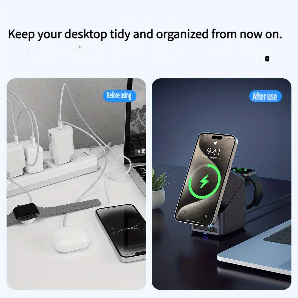 Chargeur Sans Fil Magnétique 4 En 1 One-Touch Rotation À 360° Et Affichage De L’Horloge Numérique, Station De Charge Rapide Pour iPhone iWatch AirPods