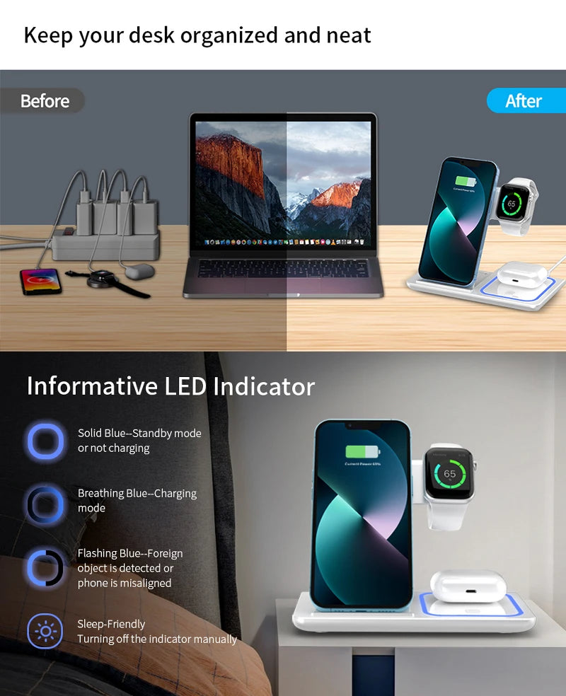 Chargeur sans fil 3 en 1 LED Light Support de téléphone pour iPhone 15 14 13 12 iWatch 8 7 6 AirPods Station de charge rapide pliable