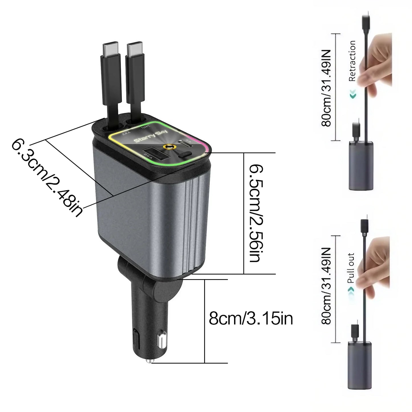 Chargeur de voiture rétractable 4 en 1 Chargeur de voiture à charge rapide avec câble USB de type C et 2 ports de charge de type C, chargeur de voiture universel